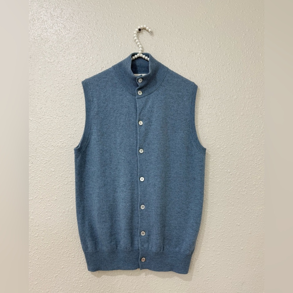 Ballantyne 100% Cashmere Sweater Vest Italy Blue Button Front High Neck Sz L-XL